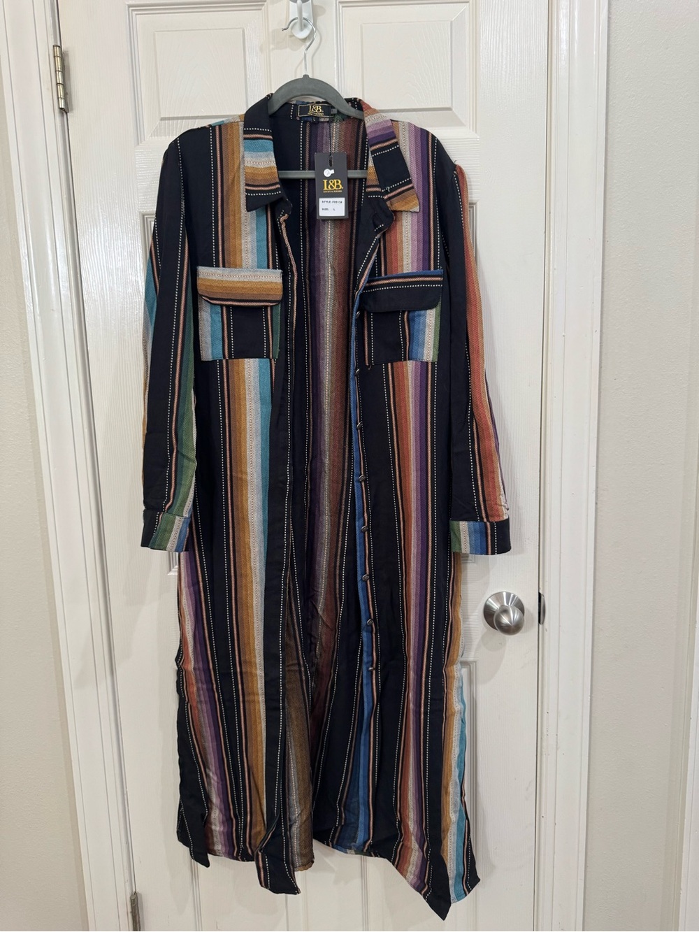 L&B Multistripe Button-Front Long Sleeve Duster in Black and Multicolor